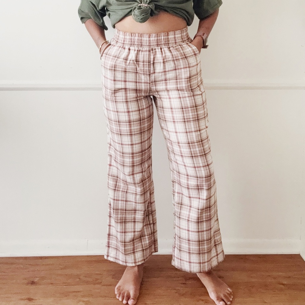 vintage cream and pink plaid wide leg elastic waist pants